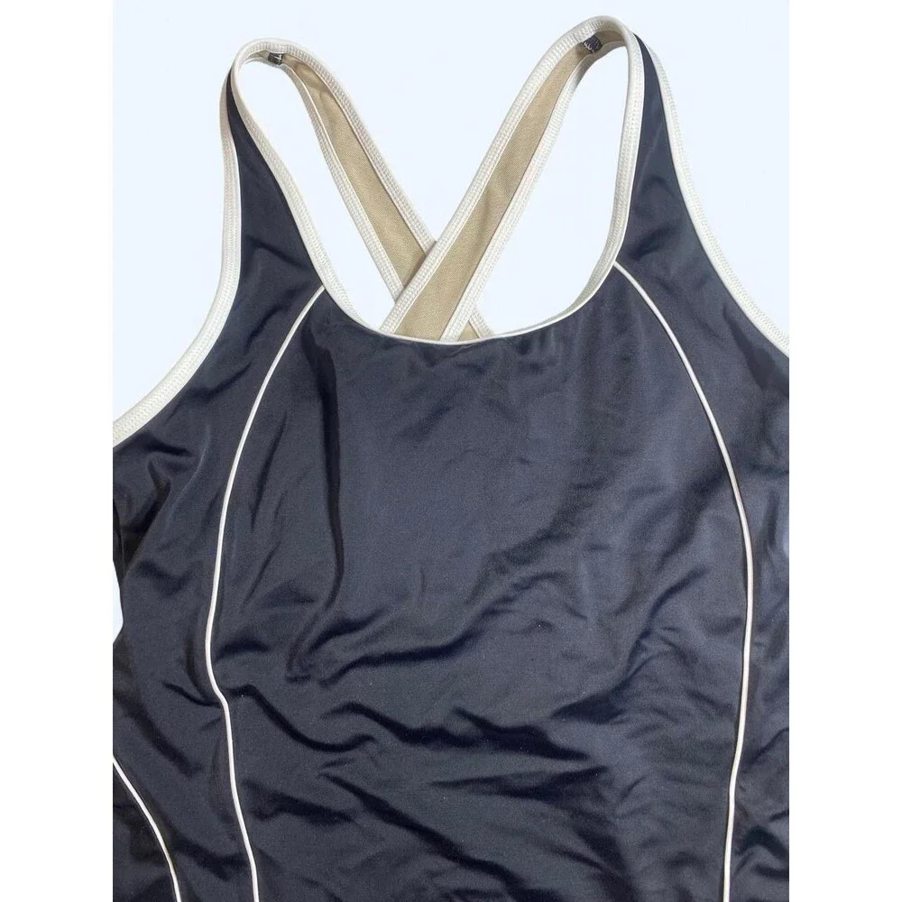 Lands' End Tugless X-Back Swimsuit Black White Piping EUC Size 14 Sporty - Picture 5 of 13